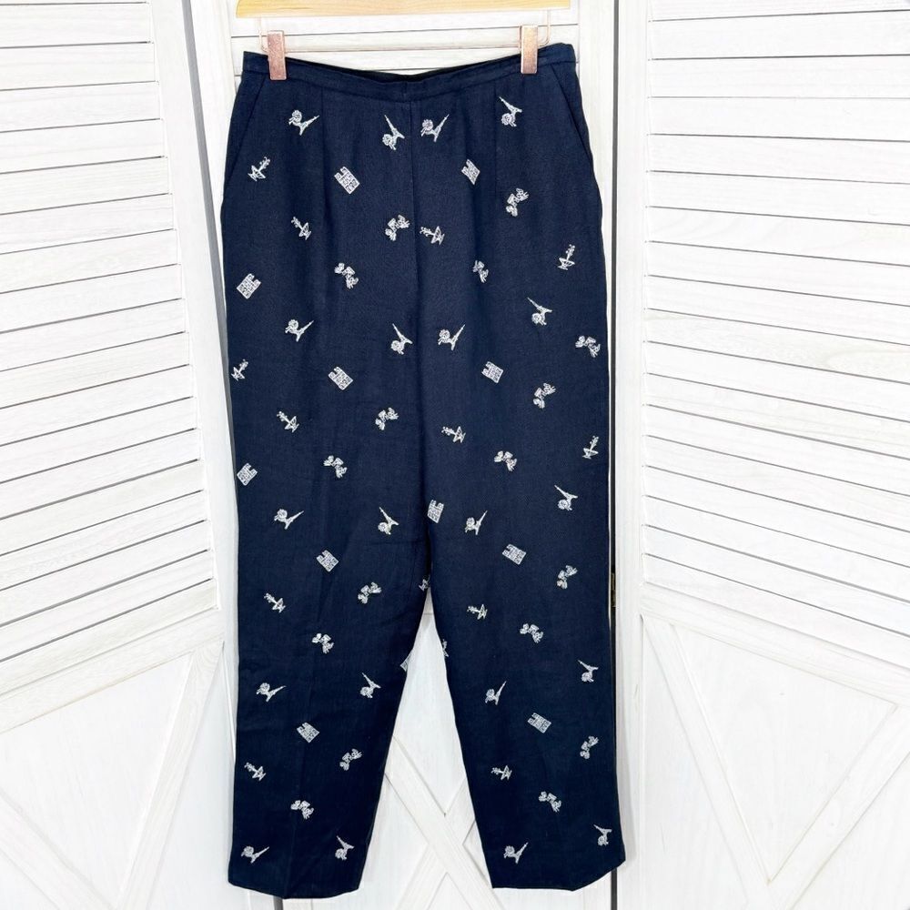 Talbots Irish Linen Paris Embroidered Trouser Pants Blue 6 Eiffel Tower